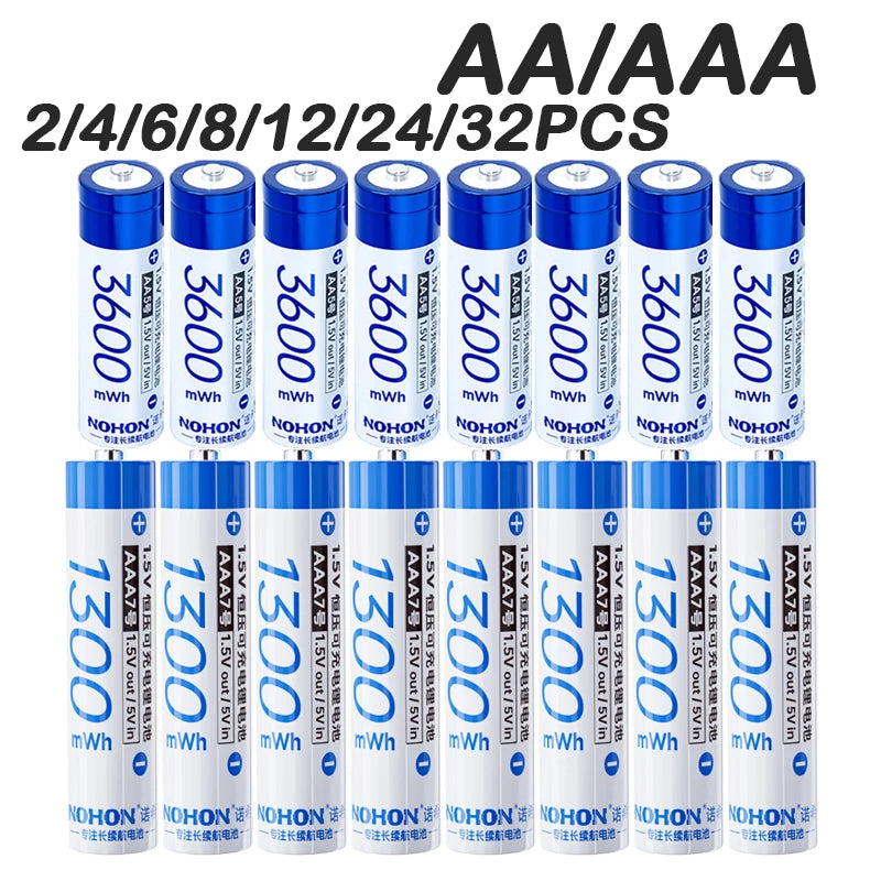 NOHON 1.5V Li-Ion Rechargeable AA Lithium-Ion Batteries 3600Mwh High Capacity AAA Battery for Remote Control Electric Toys Mouse