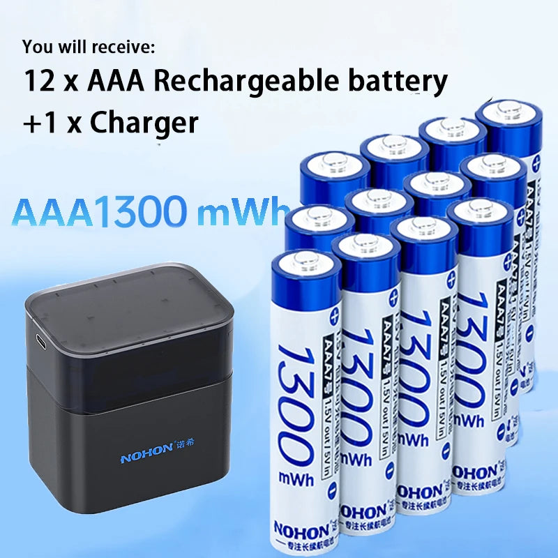 NOHON 1.5V Li-Ion Rechargeable AA Lithium-Ion Batteries 3600Mwh High Capacity AAA Battery for Remote Control Electric Toys Mouse