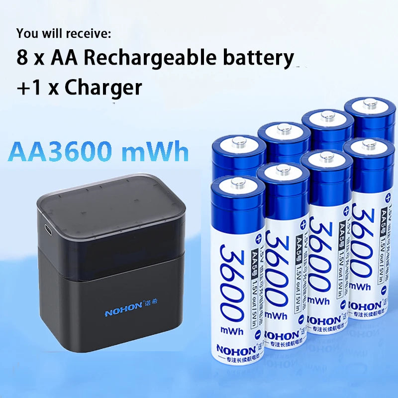 NOHON 1.5V Li-Ion Rechargeable AA Lithium-Ion Batteries 3600Mwh High Capacity AAA Battery for Remote Control Electric Toys Mouse