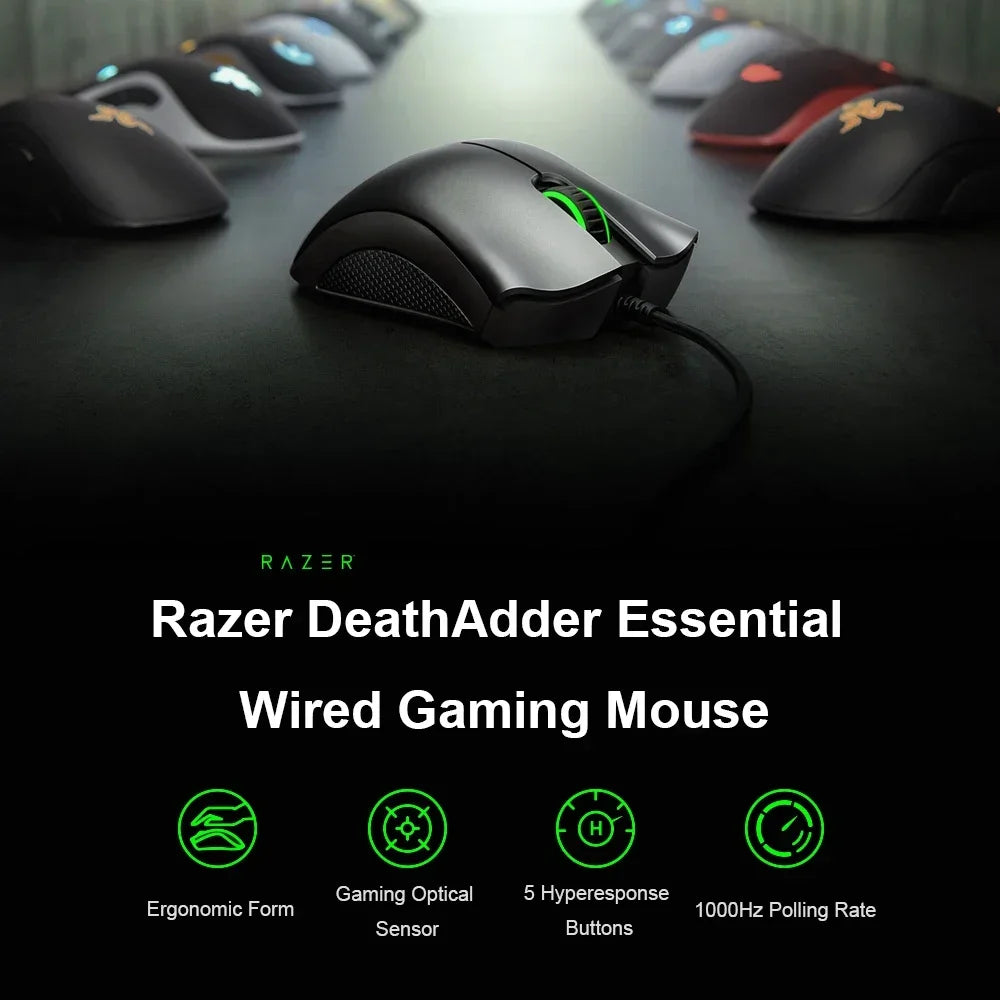 Original razer deathadder essencial wired gaming mouse ratos 6400dpi sensor óptico 5 botões independentes para computador portátil gamer