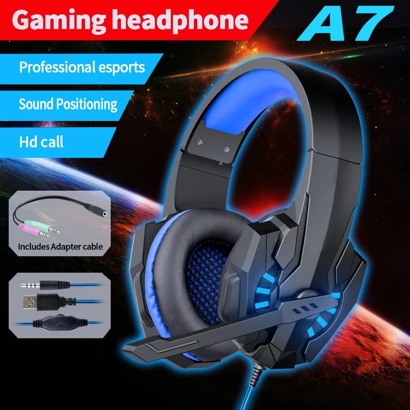 A7 gaming headset graves profundos estéreo com fio fone de ouvido brilhante com microfone para ps5 ps4 xbox computador portátil gamer esports