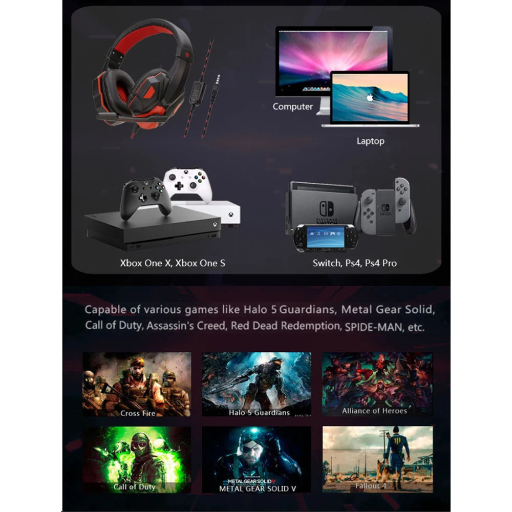 Gaming Headset com fio com microfone com cancelamento de ruído, Gamer ajustável, PS4, PS5, Xbox, Smartphone, PC, 120 °
