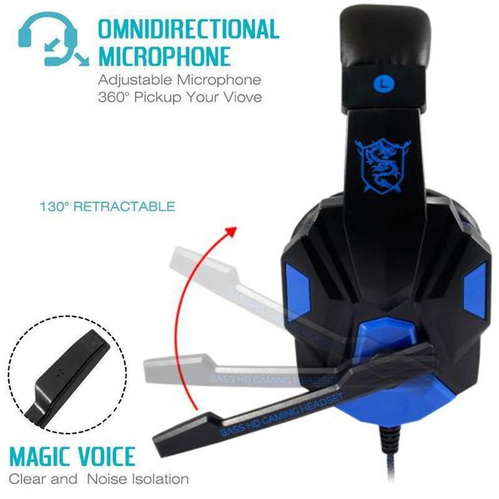Gaming Headset com fio com microfone com cancelamento de ruído, Gamer ajustável, PS4, PS5, Xbox, Smartphone, PC, 120 °