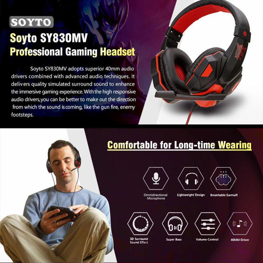 Gaming Headset com fio com microfone com cancelamento de ruído, Gamer ajustável, PS4, PS5, Xbox, Smartphone, PC, 120 °