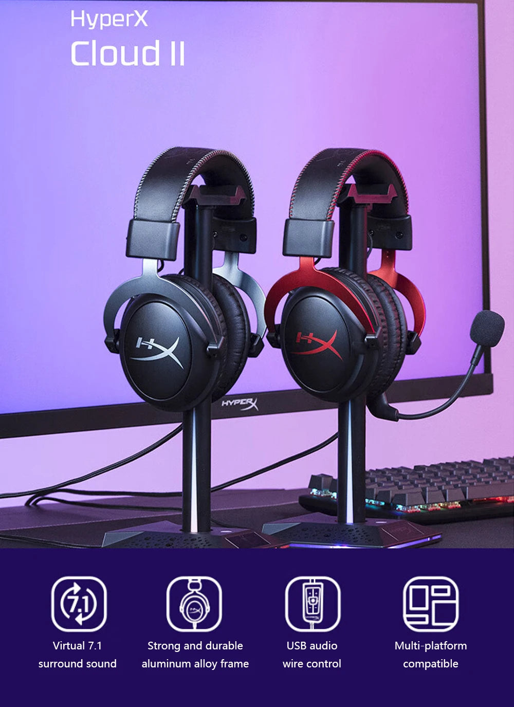Hyperx cloud ii fone de ouvido para jogos hi-fi 7.1 som surround/microfone destacável/placa de som usb para pc ps cloud 2 fone de ouvido para jogos com fio