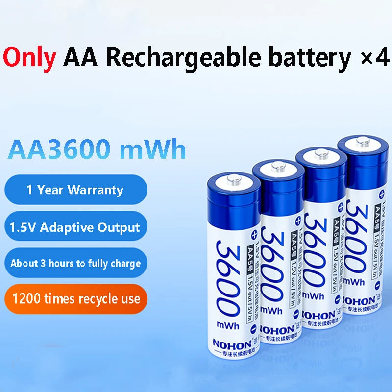 NOHON 1.5V Li-Ion Rechargeable AA Lithium-Ion Batteries 3600Mwh High Capacity AAA Battery for Remote Control Electric Toys Mouse