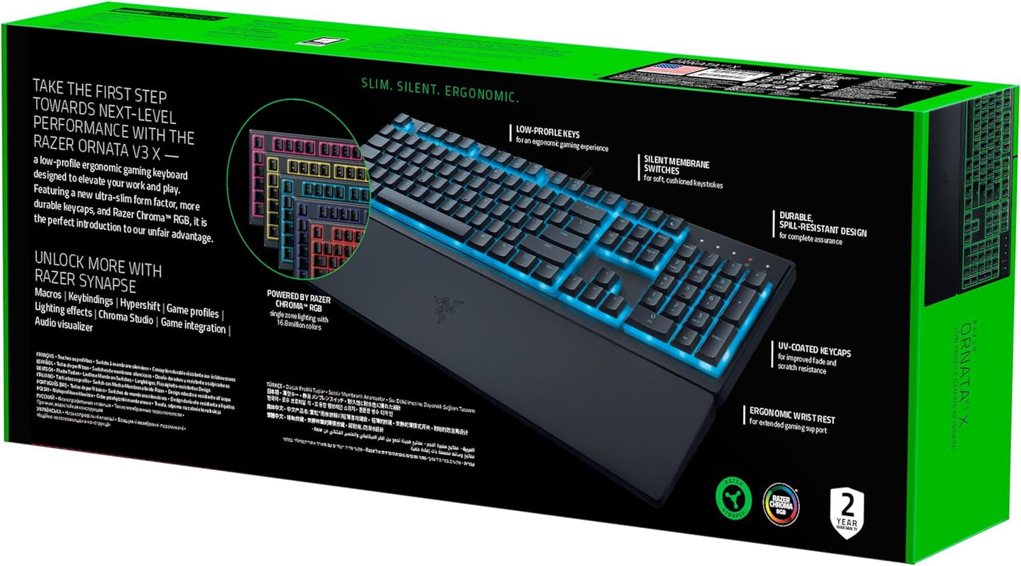Ornata V3 X - Low Profile Gaming Keyboard (Silent Membrane Switches, Uv-Coated Keycaps, Durable, Spill-Resistant Design, Ergonomic Writst Rest) UK Layout | Black