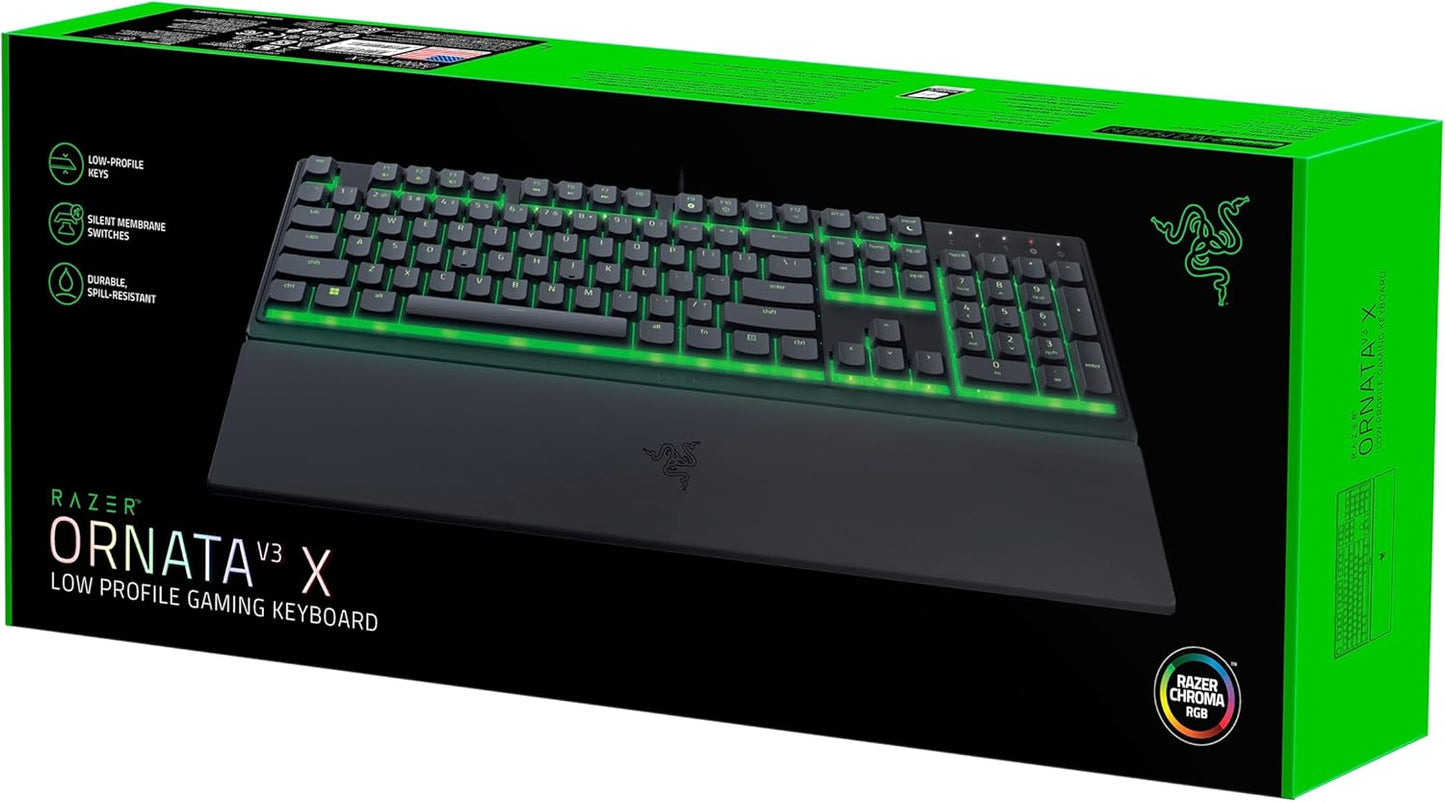 Ornata V3 X - Low Profile Gaming Keyboard (Silent Membrane Switches, Uv-Coated Keycaps, Durable, Spill-Resistant Design, Ergonomic Writst Rest) UK Layout | Black