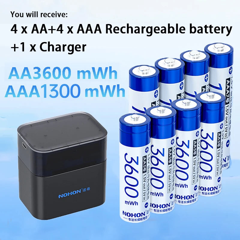 NOHON 1.5V Li-Ion Rechargeable AA Lithium-Ion Batteries 3600Mwh High Capacity AAA Battery for Remote Control Electric Toys Mouse