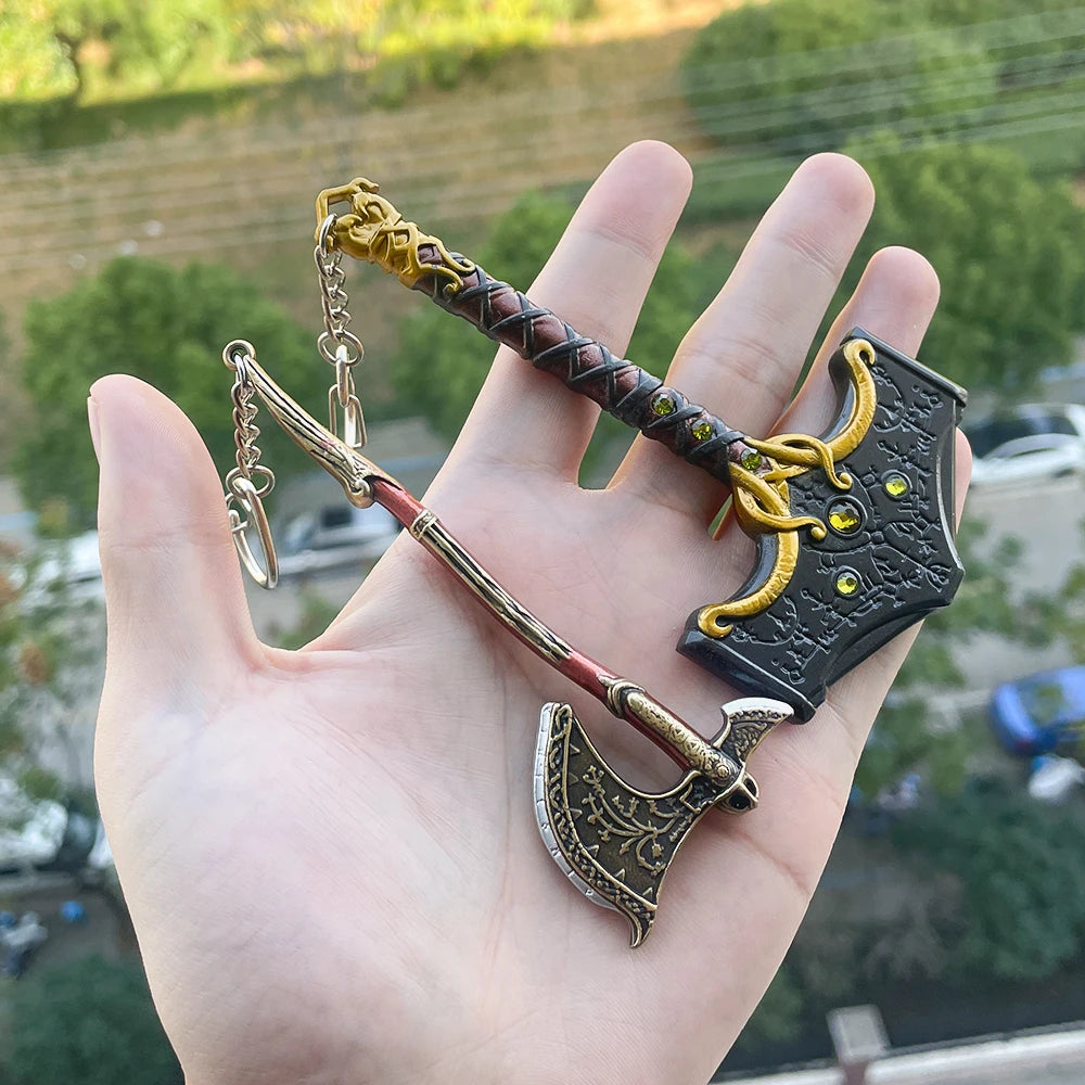 New God of War Ragnarok Keychain Kratos Ares Thor's Hammer Mjolnir Blades of Exile Leviathan Axe Weapon Penant Key Chain Jewelry