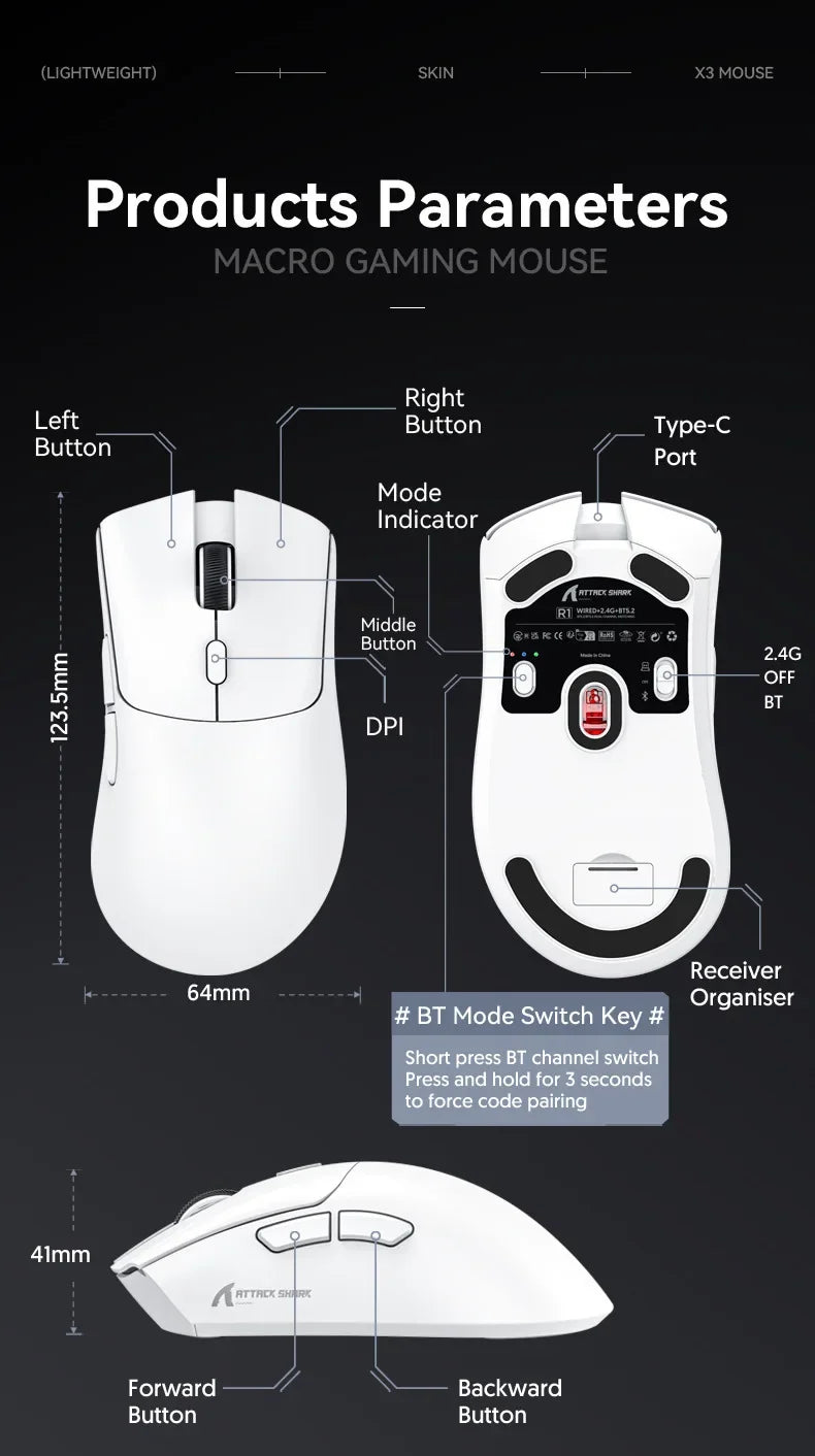 Attack Shark R1 2.4G USB Tri-modeWireless Gaming Mouse Bluetooth Connection 18000DPI 1000Hz Macro Mice For PC