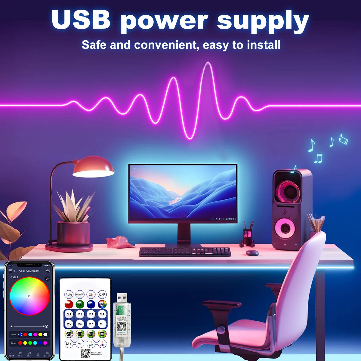 USB RGB Neon LED Strip Lights with Bluetooth Control