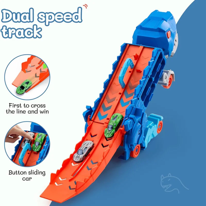 Dinosaur Transporter Truck Toys Foldable Track Alloy Transforming Dinosaur Transport Toy For Kids Boys Gift Educational Fun Play