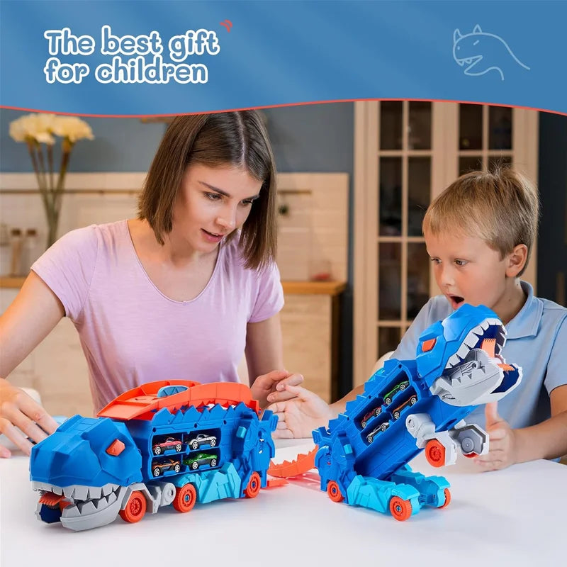 Dinosaur Transporter Truck Toys Foldable Track Alloy Transforming Dinosaur Transport Toy For Kids Boys Gift Educational Fun Play