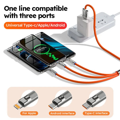3 in 1 USB Cable 6A 120W  USB Cable  Fast Charging Data Cord For Iphone Samsung Huawei Xiaomi Multi Port Multiple Charging Wire
