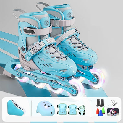Inline Roller Skates With Helmet, Elbow And Knee Pads Shoe Bag Set Flash 4 Wheels Sneakers For Boys Girls Adjustable Skate Shoes
