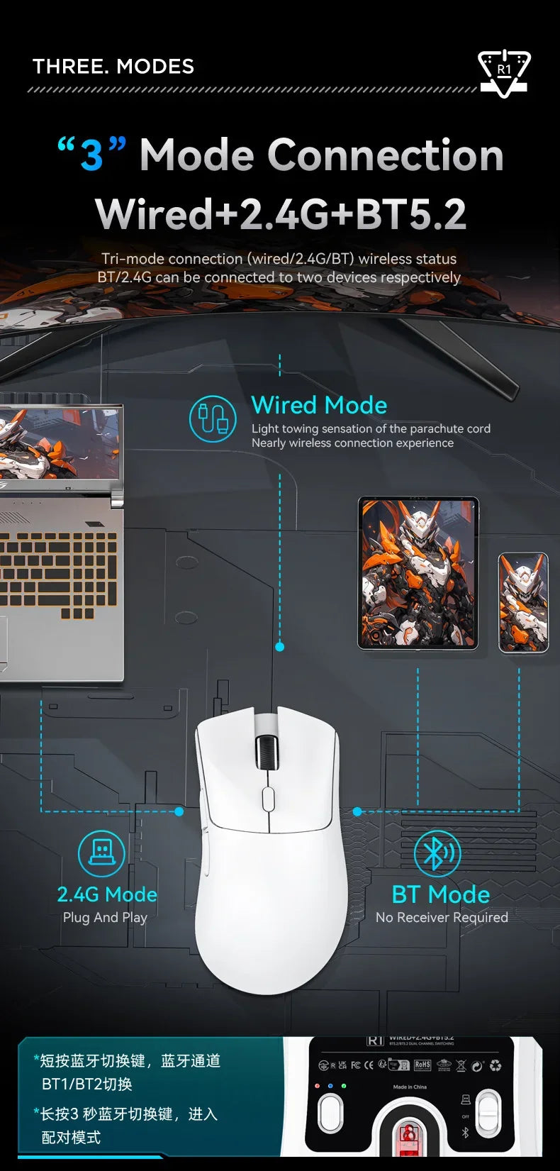 Attack Shark R1 2.4G USB Tri-modeWireless Gaming Mouse Bluetooth Connection 18000DPI 1000Hz Macro Mice For PC