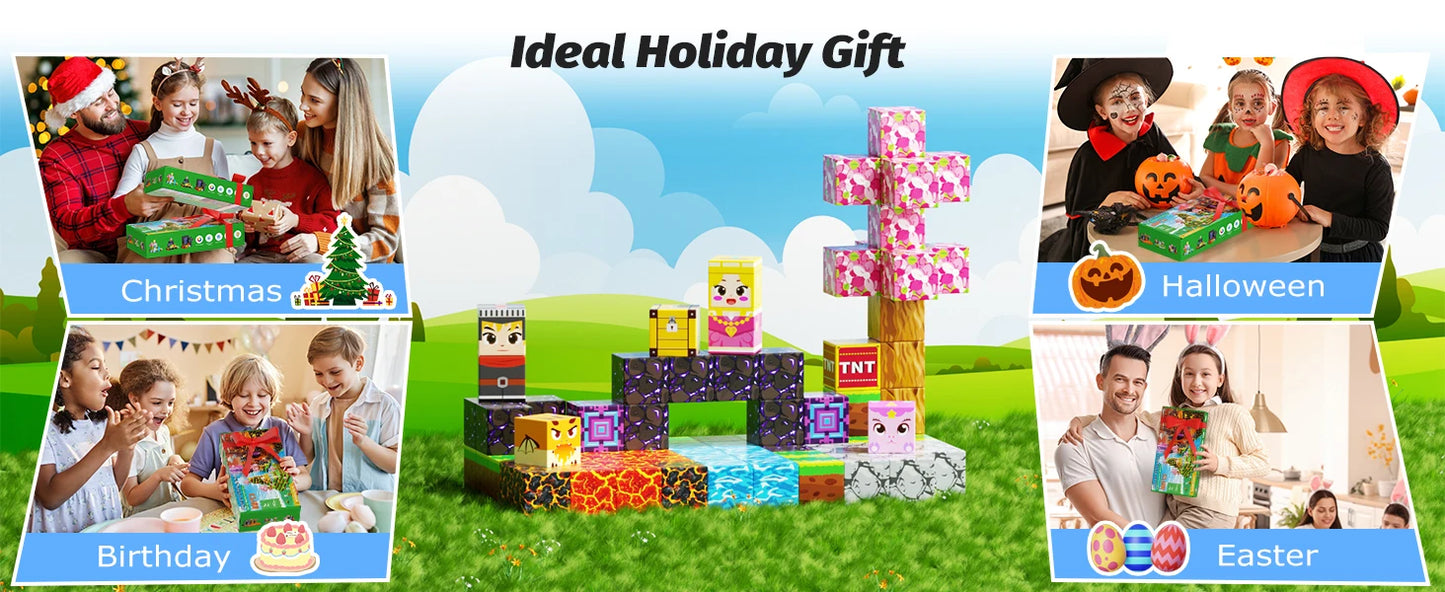 Magnetic Building Blocks Mine World Magnet Cube Set for Boy Girl Kid Age 3+ DIY Model Children STEM Educational Sensory Toy