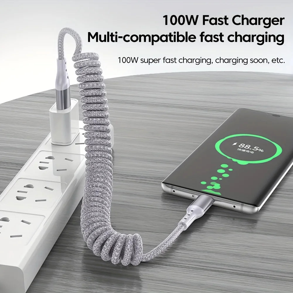 100W USB Type C Spring Car Fast Charging Cable for Samsung Xiaomi Huawei 60W USB C Data Cord for iPhone 15 Huawei USB C Wire
