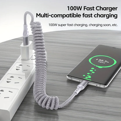 100W USB Type C Spring Car Fast Charging Cable for Samsung Xiaomi Huawei 60W USB C Data Cord for iPhone 15 Huawei USB C Wire
