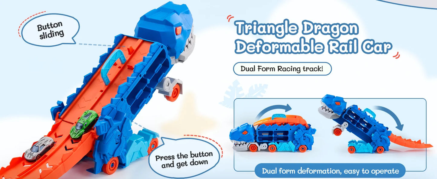 Dinosaur Transporter Truck Toys Foldable Track Alloy Transforming Dinosaur Transport Toy For Kids Boys Gift Educational Fun Play