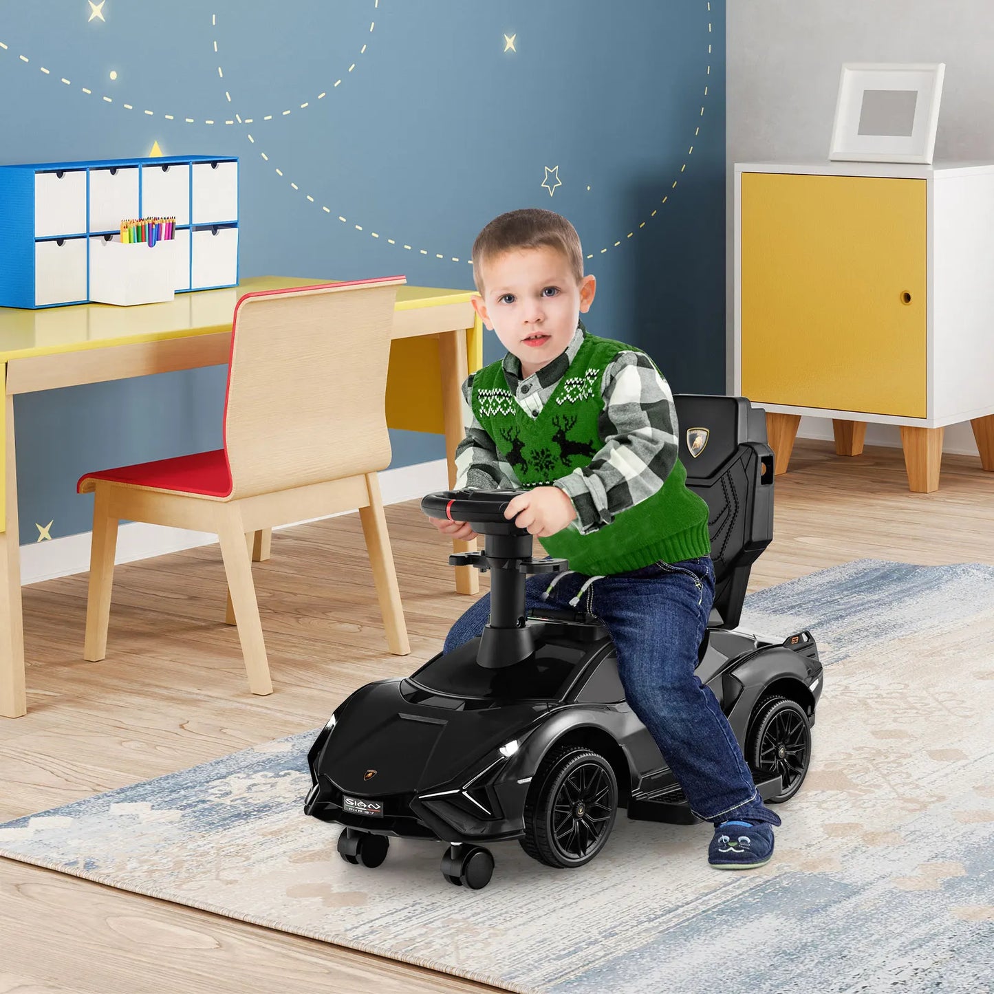 DORTALA 3-In-1 Toddlers Ride on Push Car Kids Licensed Lamborghini Walking Toy Car Black/Pink/White