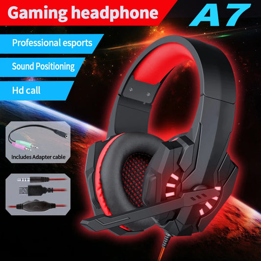 A7 gaming headset graves profundos estéreo com fio fone de ouvido brilhante com microfone para ps5 ps4 xbox computador portátil gamer esports