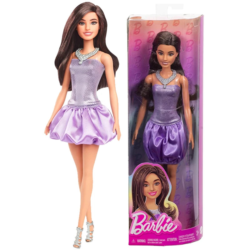 Original 1/6 Barbie Fashionistas Dolls Blond Brunette Heart Shaped Pink Dress Satiny Skirt Girls Toys Shoes Necklace Accessories