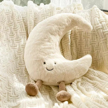 Smile Face Moon & Yellow Sun Plushie Cushion High-Quality Stuffed Weather Toy for Kids Bedroom Decor Soft Sofa Throw Pillow
