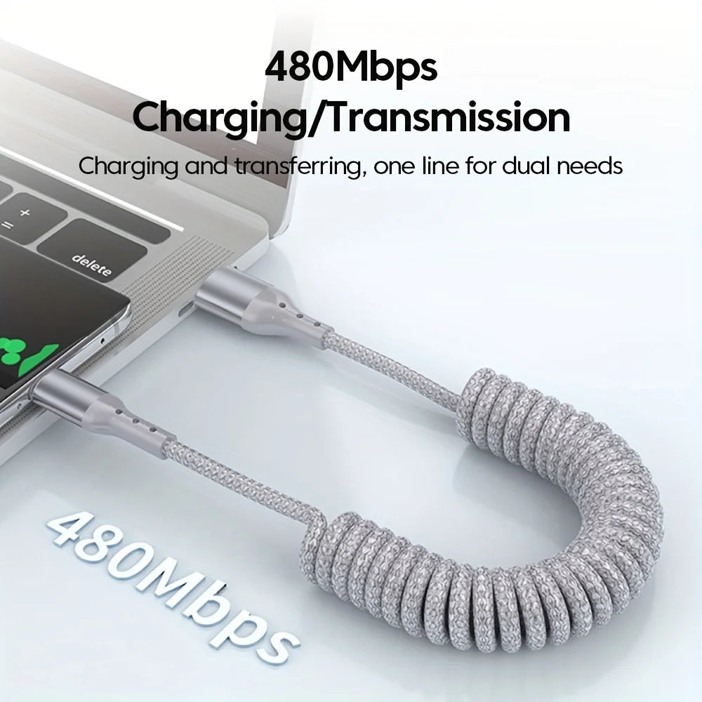 100W USB Type C Spring Car Fast Charging Cable for Samsung Xiaomi Huawei 60W USB C Data Cord for iPhone 15 Huawei USB C Wire