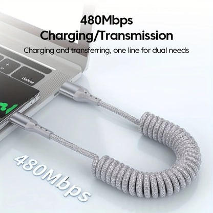100W USB Type C Spring Car Fast Charging Cable for Samsung Xiaomi Huawei 60W USB C Data Cord for iPhone 15 Huawei USB C Wire