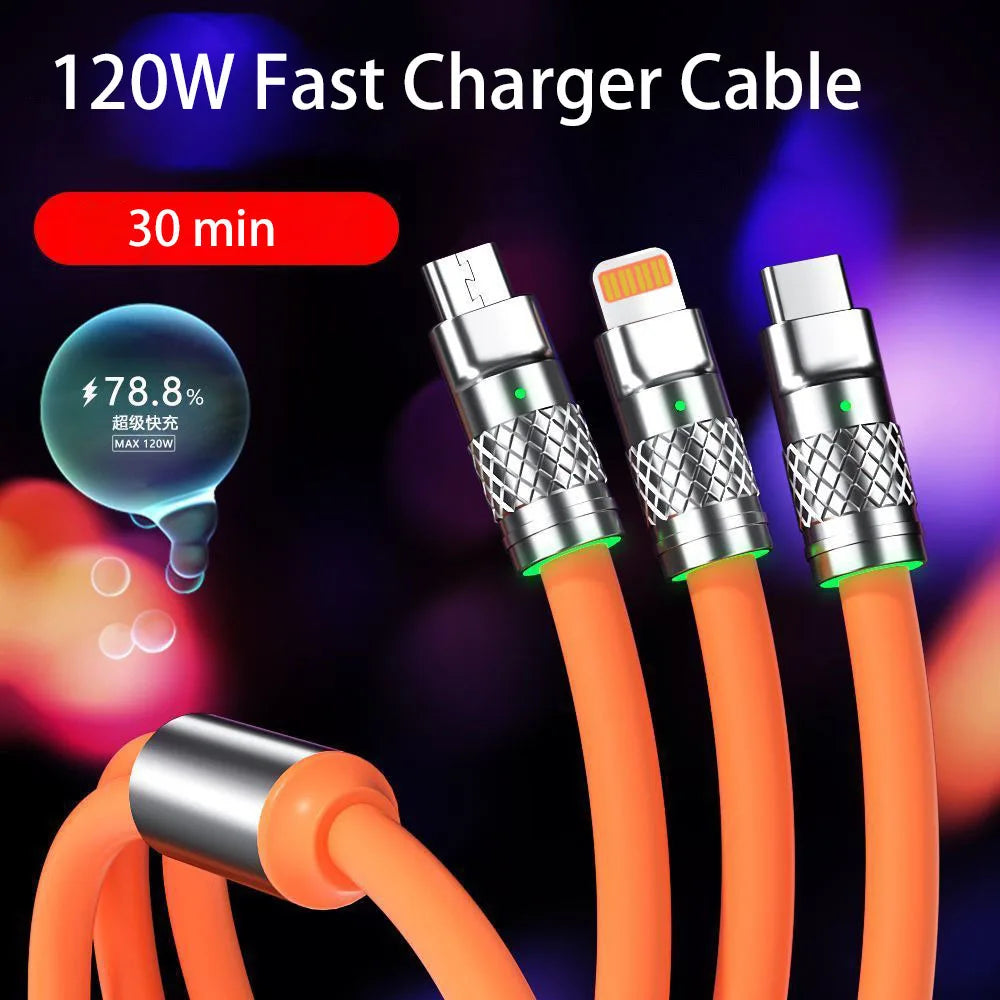 3 in 1 USB Cable 6A 120W  USB Cable  Fast Charging Data Cord For Iphone Samsung Huawei Xiaomi Multi Port Multiple Charging Wire