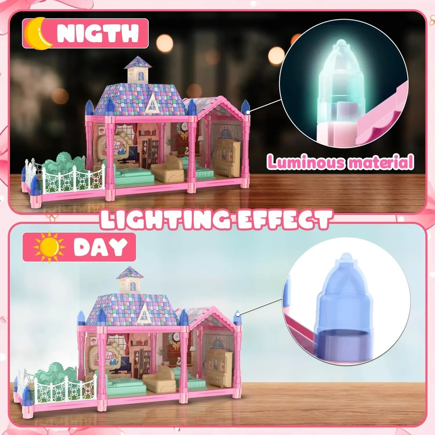 Luminous Doll House Dreamhouse for Girls Princess Playhouse Set with Dolls Furniture Accessories Pretend Play Birthday Gifts