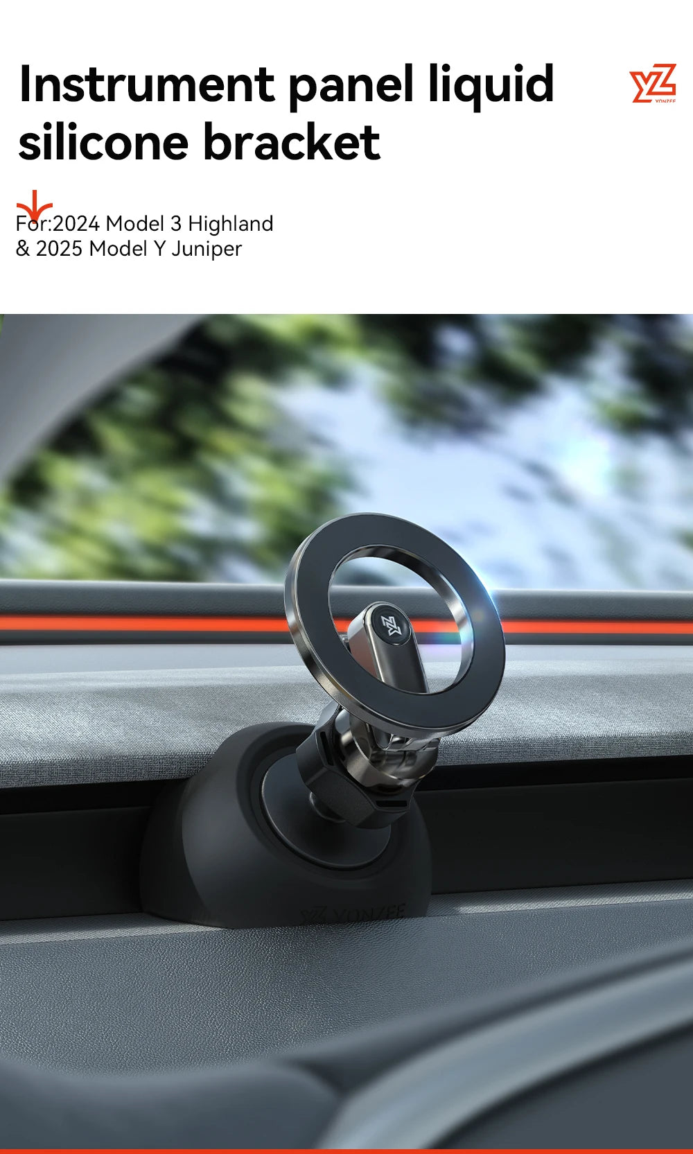YZ Tesla Model 3 Y Highland Juniper 2025 Stronger Magnetic adjustable Metal Car Phone support silicone base holder