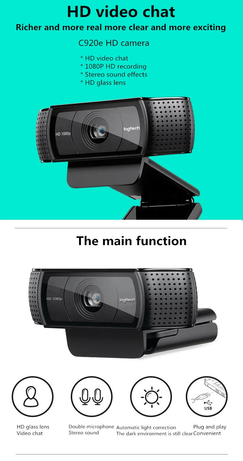 Logitech c920e hd pro webcam widescreen vídeo chat gravação usb inteligente 1080p câmera web para computador c920 atualização versão cmos