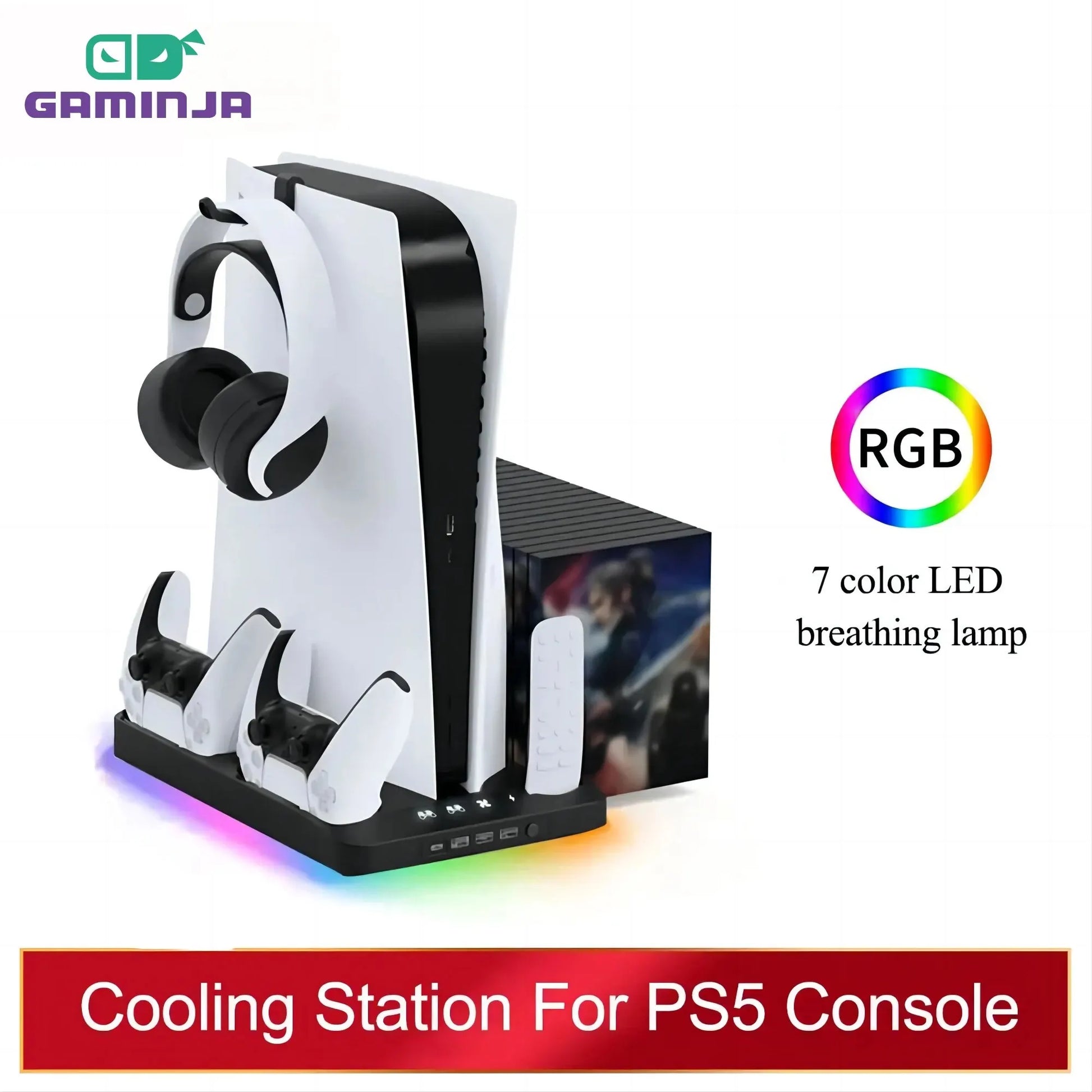 GAMINJA P58 P5 Stand Cooling Station With RGB Light Cooling Fan Dual Controllers Charger For Playstation 5 Game PS5 Accessories