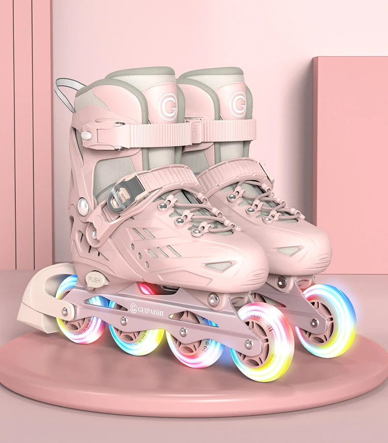 Inline Roller Skates With Helmet, Elbow And Knee Pads Shoe Bag Set Flash 4 Wheels Sneakers For Boys Girls Adjustable Skate Shoes