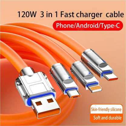 3 in 1 USB Cable 6A 120W  USB Cable  Fast Charging Data Cord For Iphone Samsung Huawei Xiaomi Multi Port Multiple Charging Wire