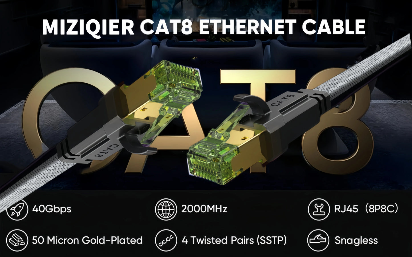 MIZIQIER long CAT 8 Flat Network Internet Cable 40Gbps SFTP RJ45 LAN Cable Patch Cord for Modem Router Gaming PC PS4/5/6 Xbox