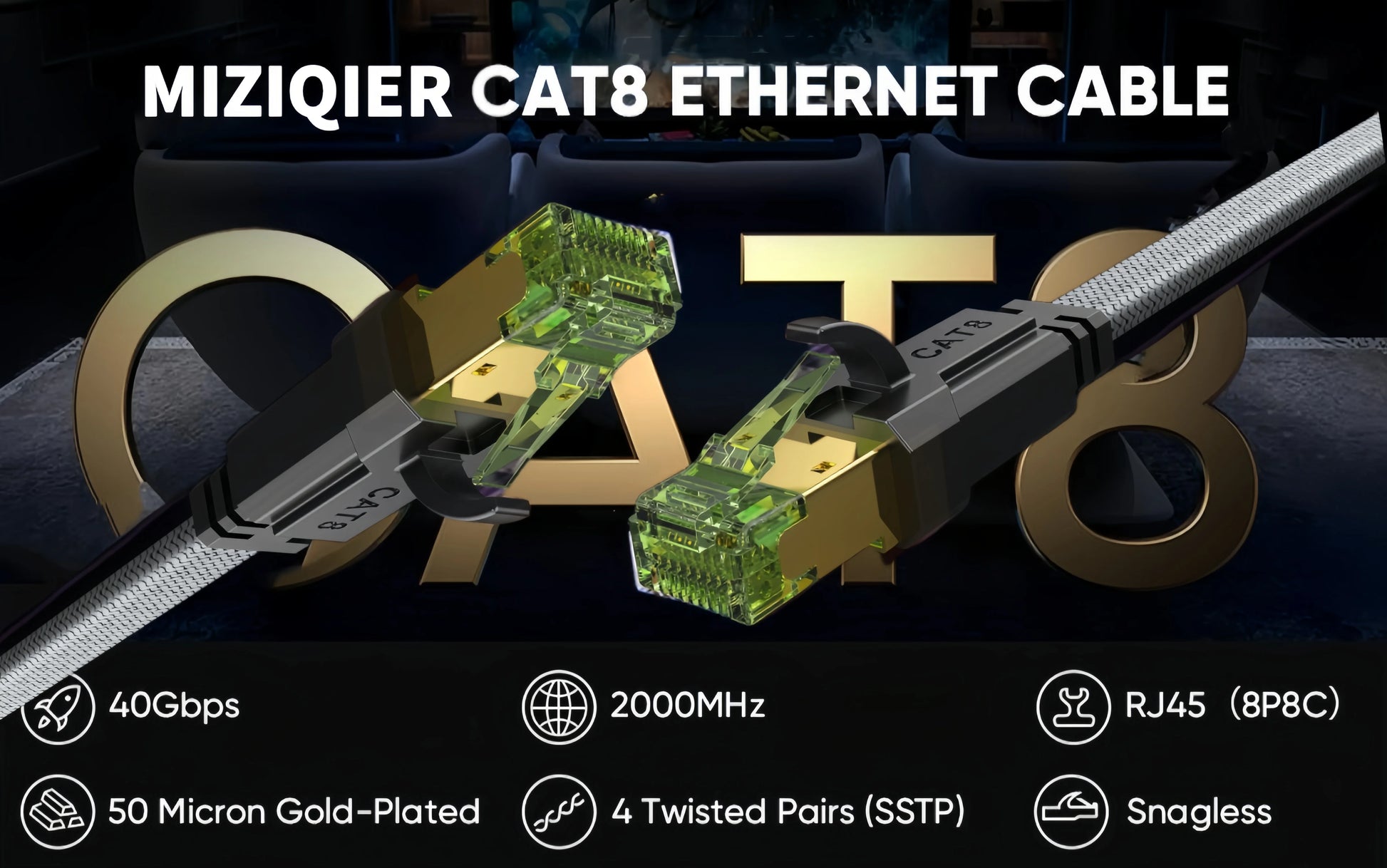 MIZIQIER long CAT 8 Flat Network Internet Cable 40Gbps SFTP RJ45 LAN Cable Patch Cord for Modem Router Gaming PC PS4/5/6 Xbox