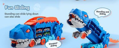 Dinosaur Transporter Truck Toys Foldable Track Alloy Transforming Dinosaur Transport Toy For Kids Boys Gift Educational Fun Play