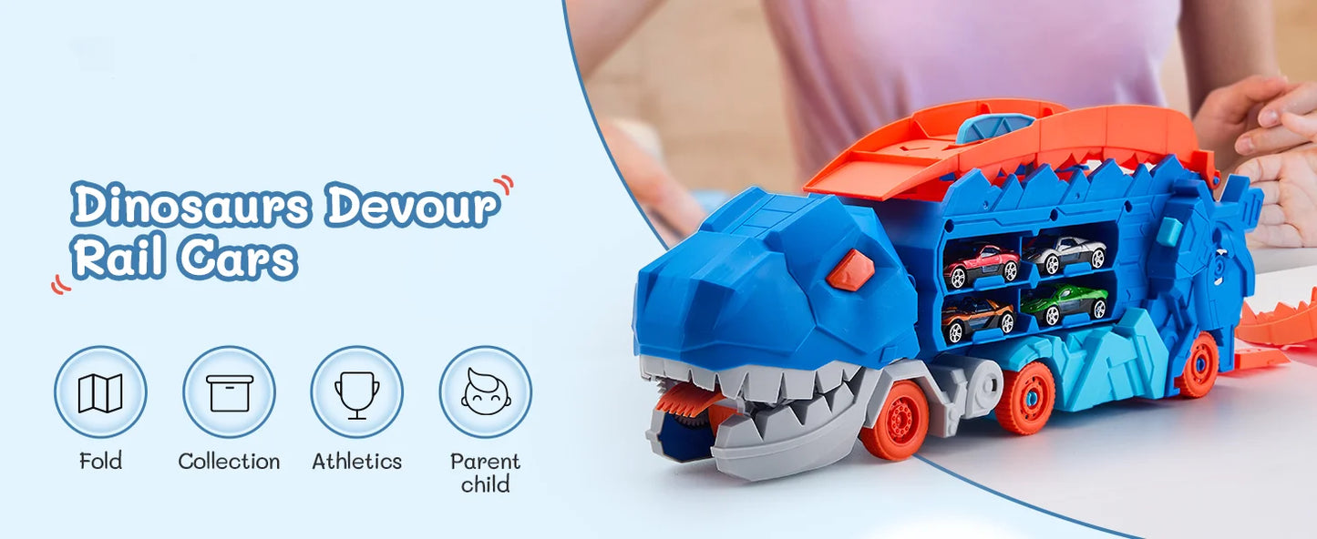 Dinosaur Transporter Truck Toys Foldable Track Alloy Transforming Dinosaur Transport Toy For Kids Boys Gift Educational Fun Play