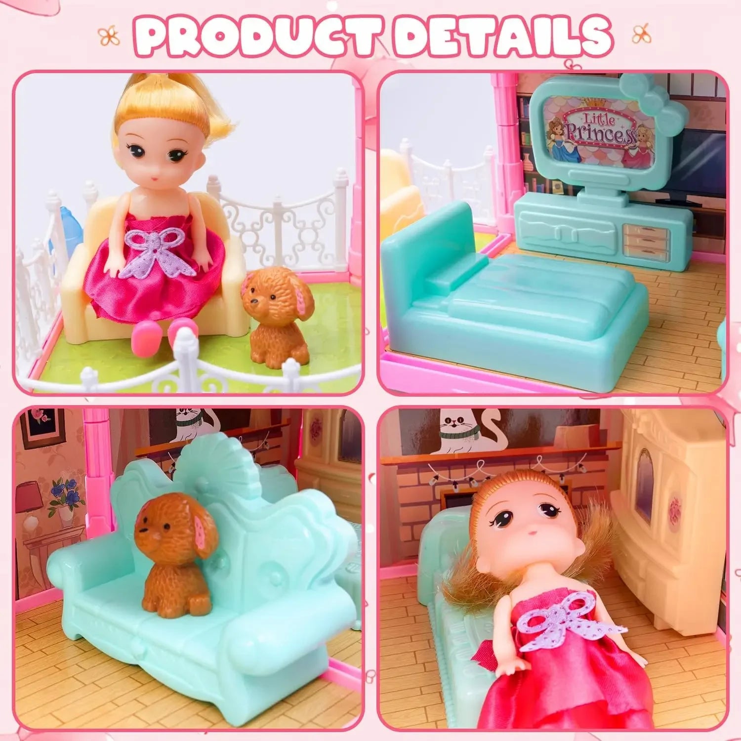 Luminous Doll House Dreamhouse for Girls Princess Playhouse Set with Dolls Furniture Accessories Pretend Play Birthday Gifts
