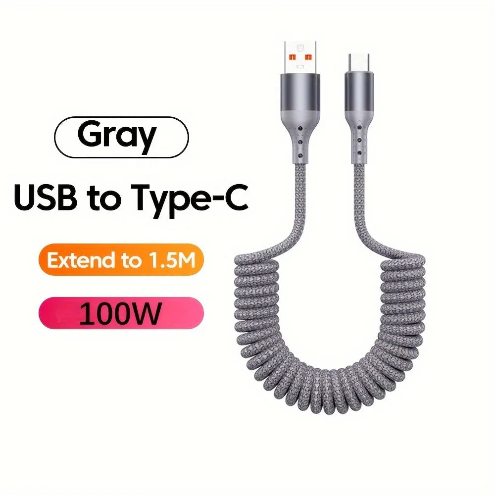 100W USB Type C Spring Car Fast Charging Cable for Samsung Xiaomi Huawei 60W USB C Data Cord for iPhone 15 Huawei USB C Wire
