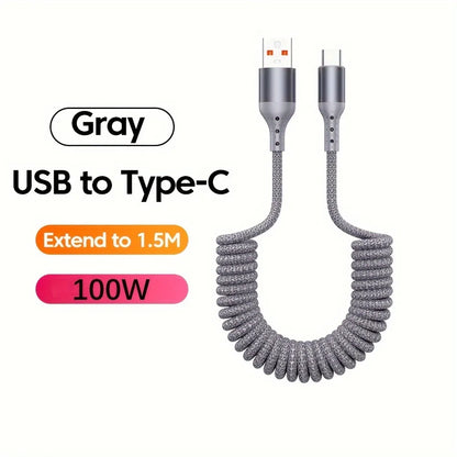 100W USB Type C Spring Car Fast Charging Cable for Samsung Xiaomi Huawei 60W USB C Data Cord for iPhone 15 Huawei USB C Wire
