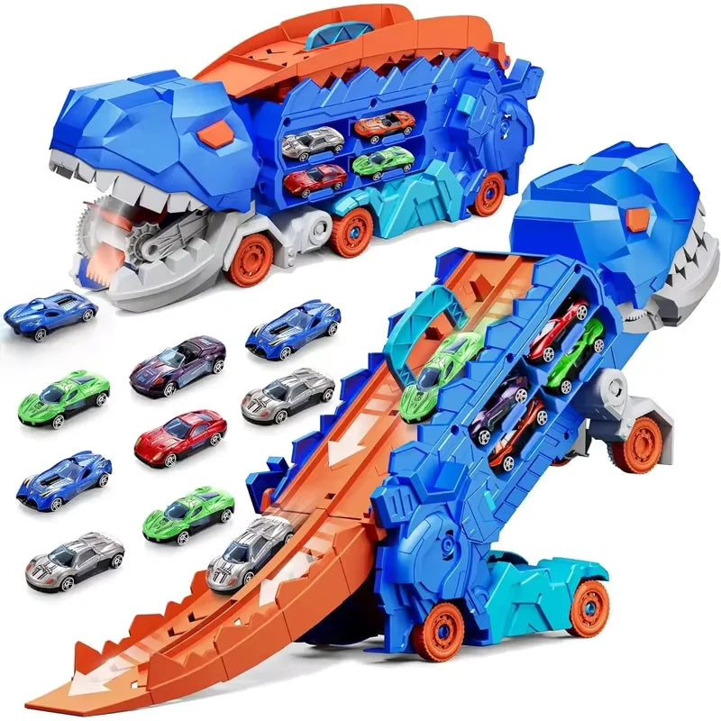 Dinosaur Transporter Truck Toys Foldable Track Alloy Transforming Dinosaur Transport Toy For Kids Boys Gift Educational Fun Play