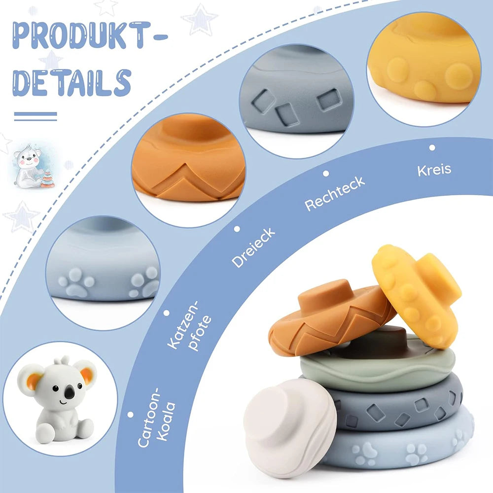 Conjunto de desenvolvimento intelectual sensorial montessori para bebês, desenvolvimento de habilidades motoras finas, torre de empilhamento de coala, brinquedos de aprendizagem