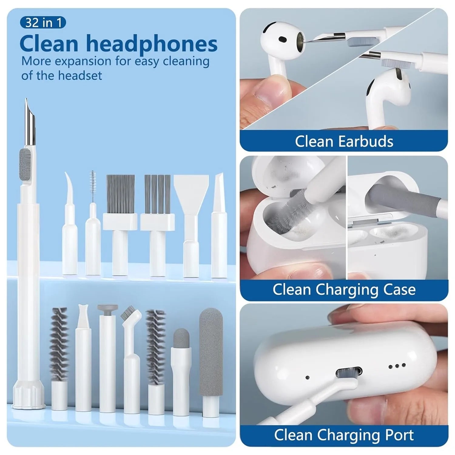 Professional 32-in-1 Electronics Cleaning Tools Set – for iPhone Port, AirPods Case, Bluetooth Earbuds, PC Keyboard, Laptop