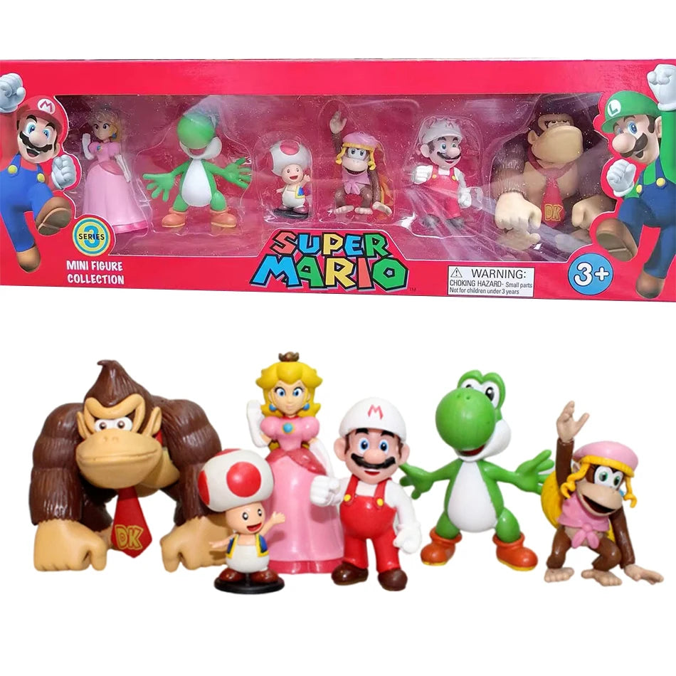 6Pcs/Set 4-7cm Super Mario Bros PVC Action Figure Toys Dolls Model Set Luigi Yoshi Donkey Kong Mushroom for kids birthday gifts