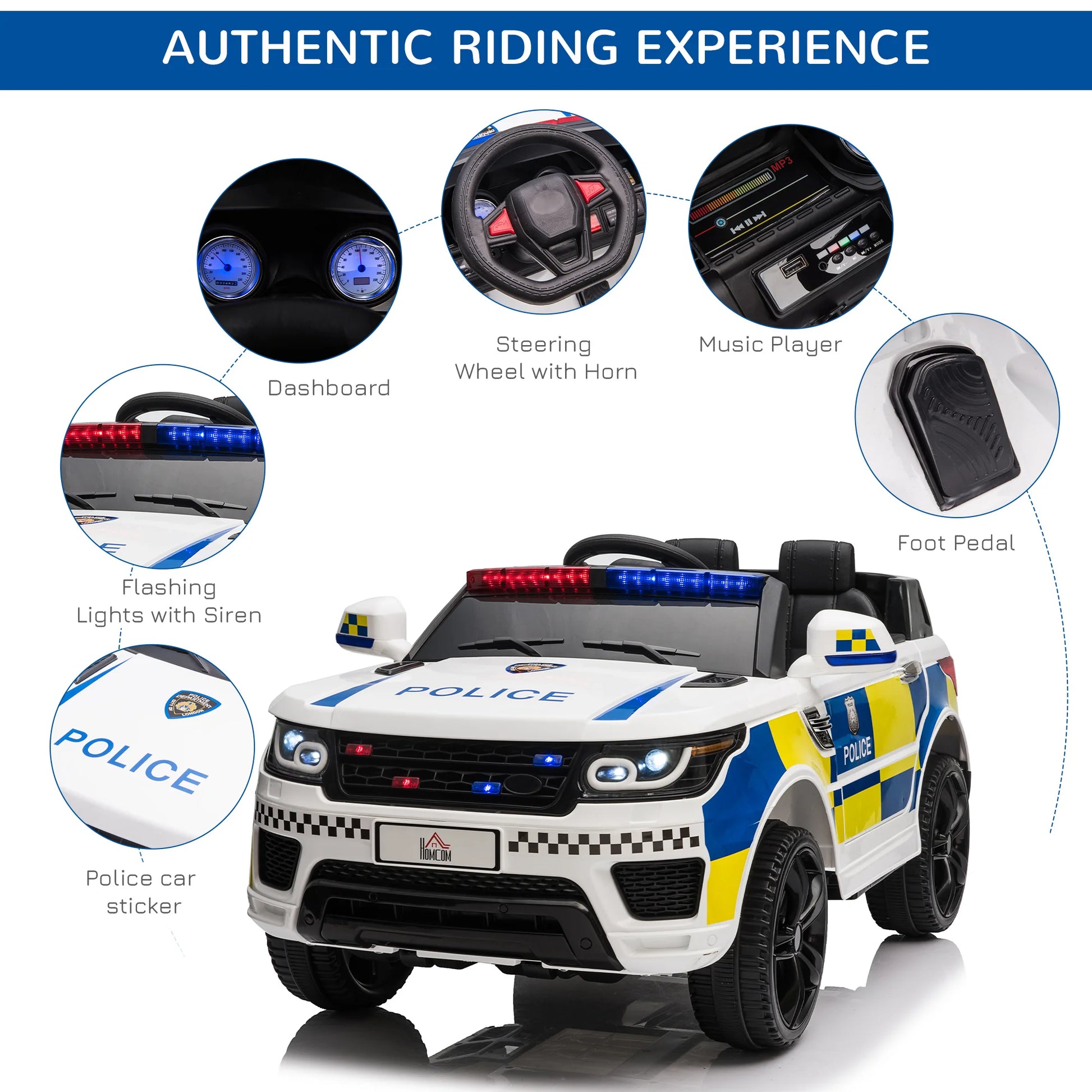 HOMCOM 12V Kid Electric Ride On Police Car w/ Remote Siren Bluetooth 3-6 Years
